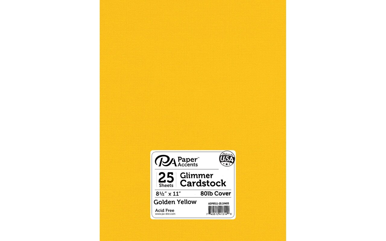 PA Paper Accents Glimmer Cardstock 8.5" x 11" Golden Yellow, 80lb colored cardstock paper for card making, scrapbooking, printing, quilling and crafts, 25 piece pack